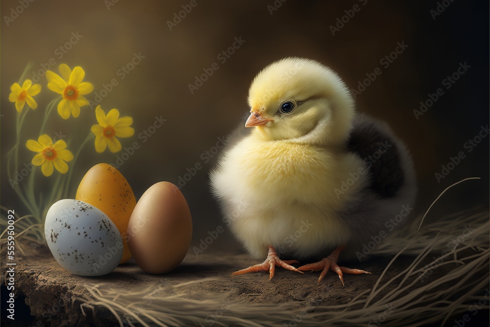 Poster a small chicken standing next to two eggs on a table with flowers in the background and a brown back