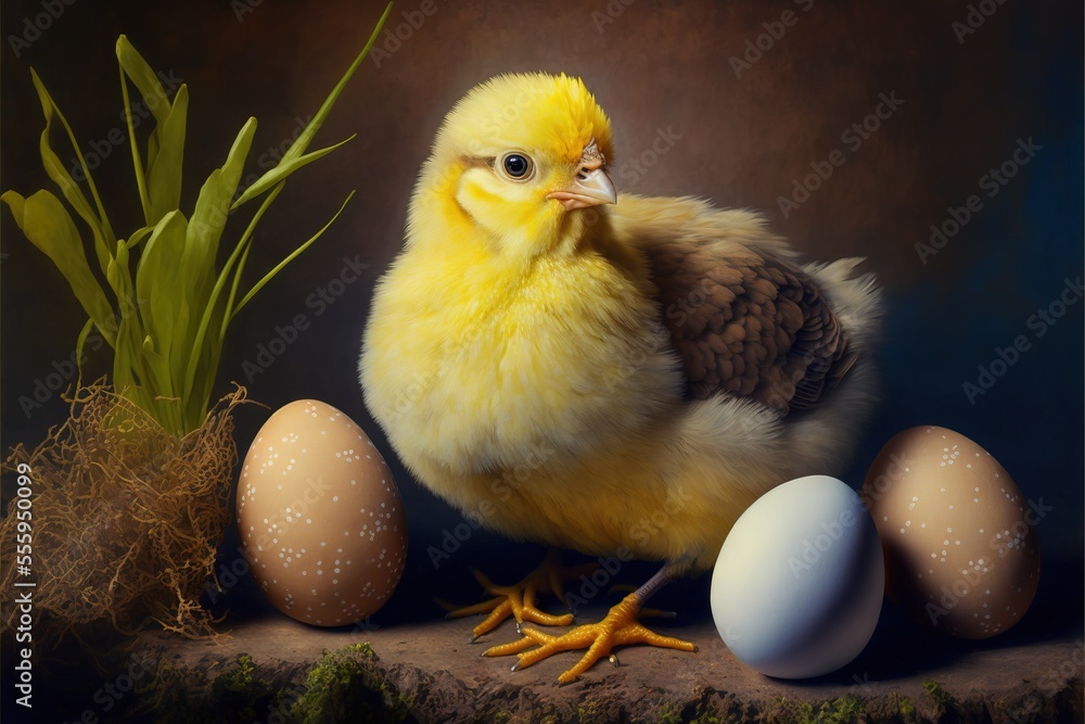 Poster a chicken standing next to some eggs on a table with grass and flowers in the background. generative