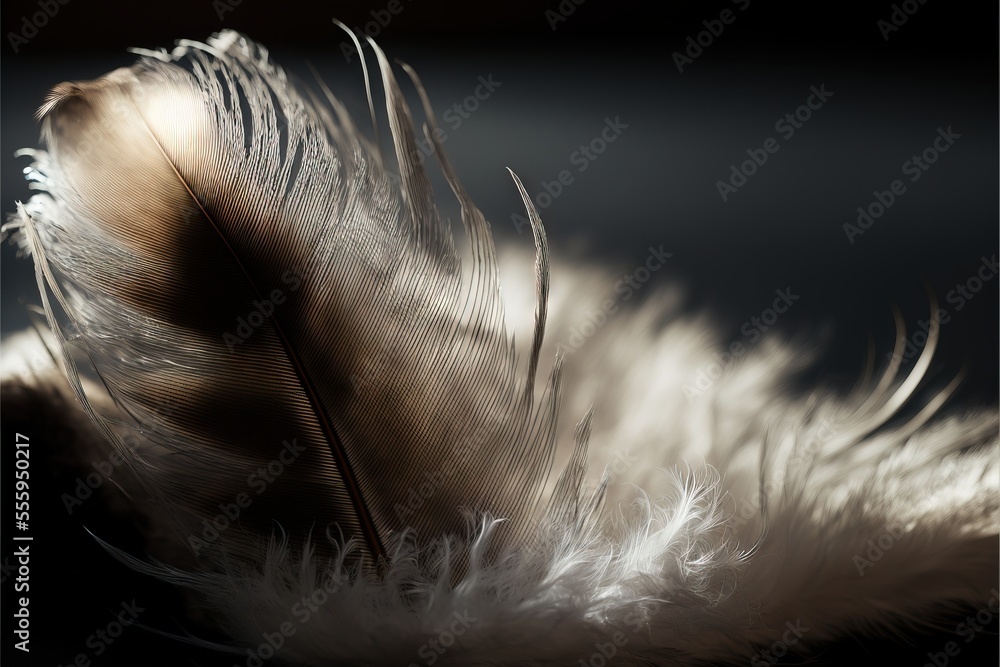 Poster a feather is laying on a black surface with a blurry background and a black background with a white 