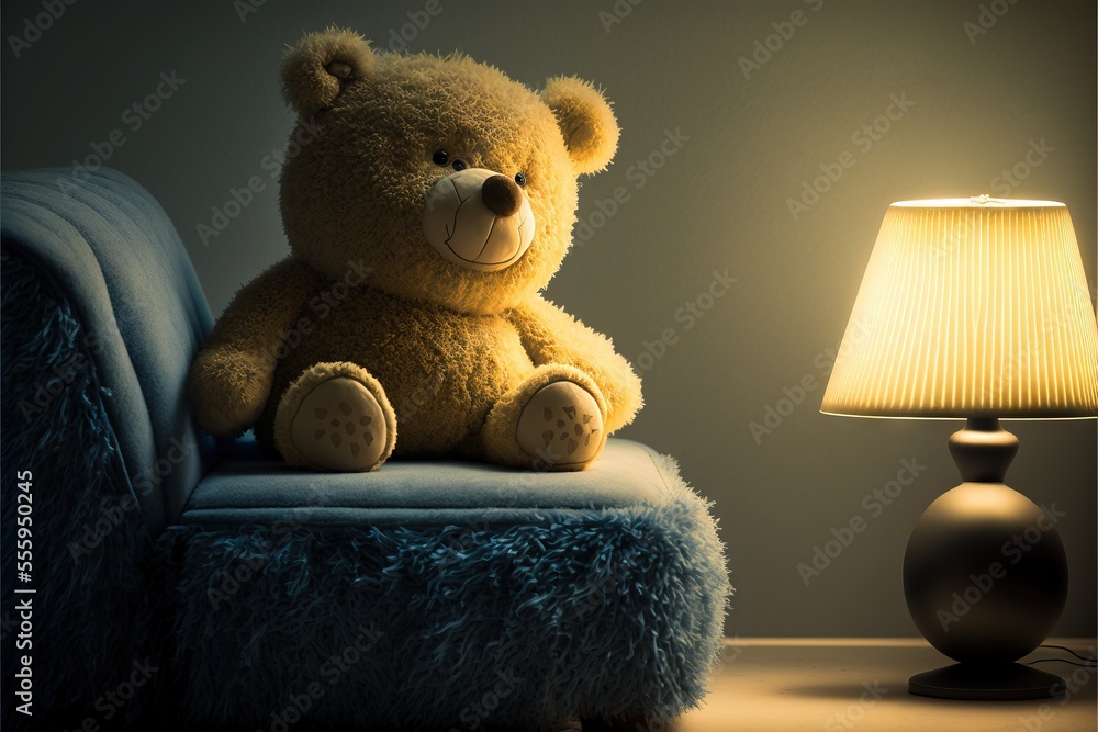 Poster a bear sitting on a chair next to a lamp on a table with a lamp shade on it. generative ai