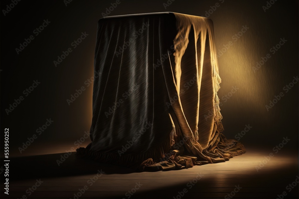 Aufkleber a dark room with a table and a curtain on it's side and a light shining on the floor. generative ai