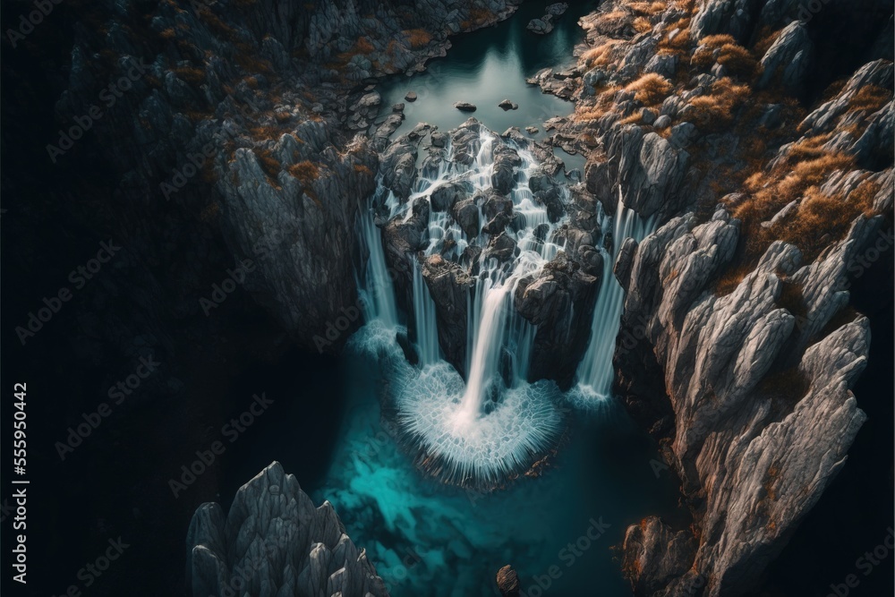 Poster a waterfall is seen from above in a cave with a pool of water in the middle of it and a waterfall in