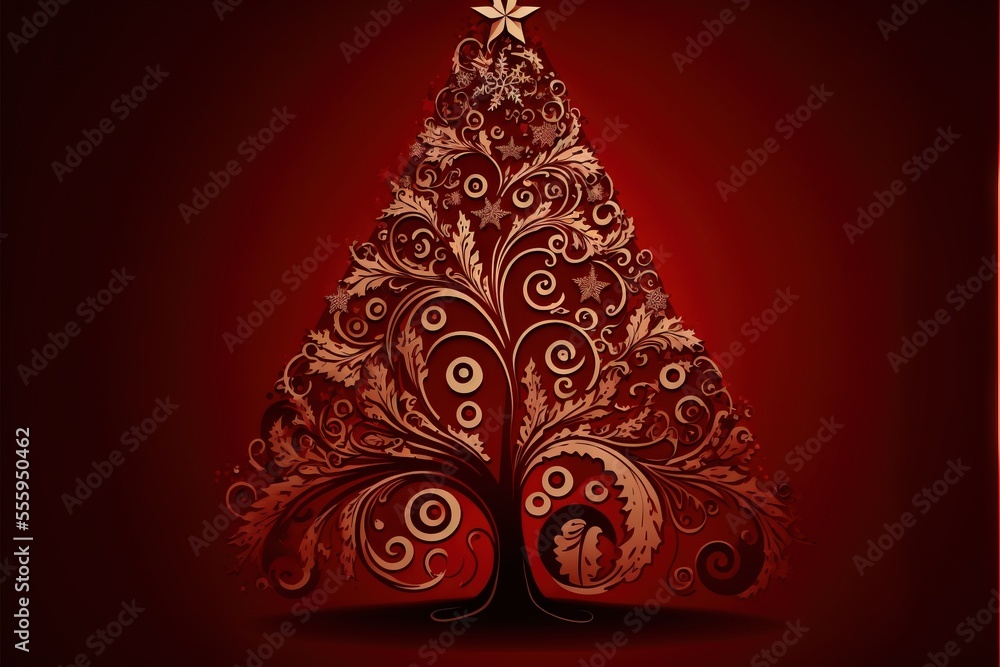 Poster a christmas tree with swirls and a star on top of it on a red background with a red border. generati