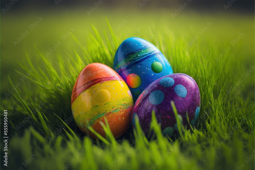 Poster three brightly colored eggs in the grass with a green background and a black border around them. gen