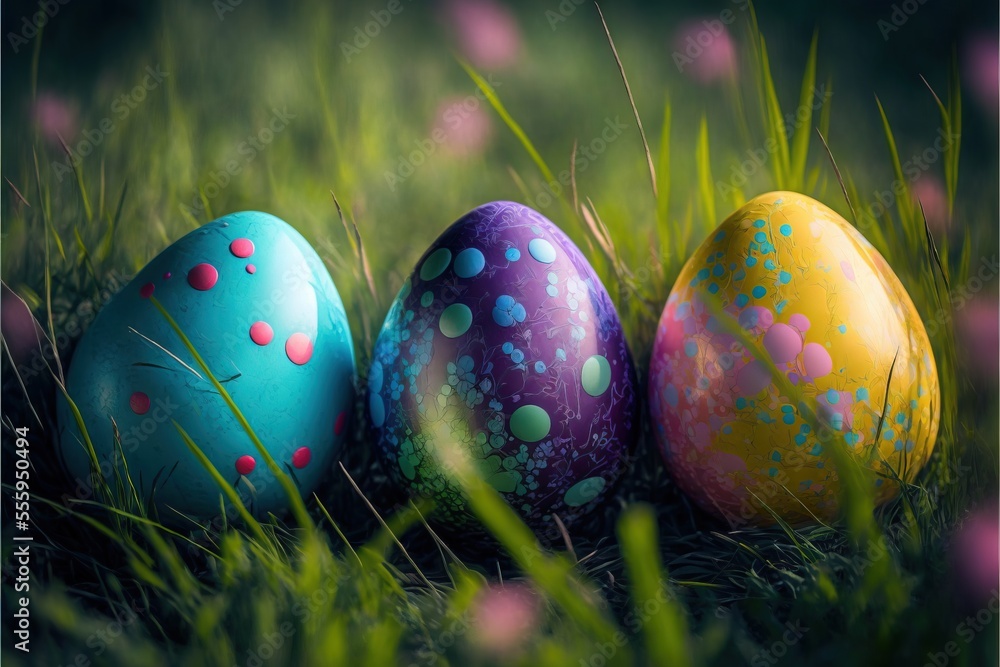 Poster  three colorful eggs sitting in the grass with dots on them. Generative AI