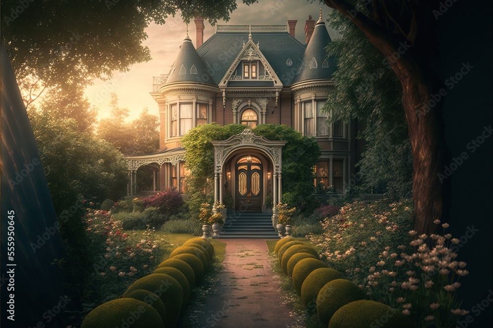 Poster a large house with a lot of flowers and trees around it and a pathway leading to it and a pathway le