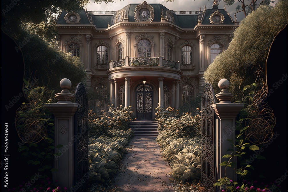 Poster a large mansion with a gate in front of it, surrounded by lush plants and trees on either side the s