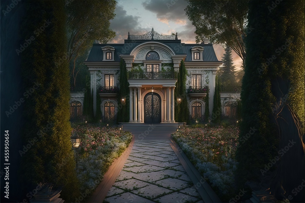 Poster a large house with a lot of trees and bushes around it and a pathway leading to it and a lit up walk