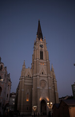 Fototapeta na wymiar Name of Mary Church with a Christmas decoration on streets