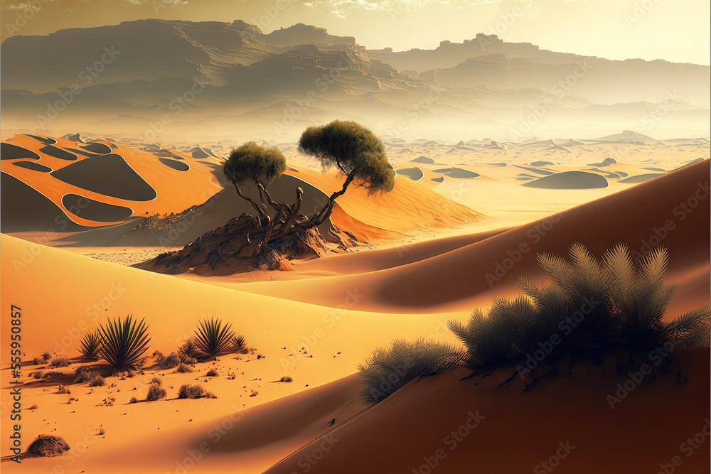 Poster a desert scene with a lone tree in the middle of the desert. generative ai