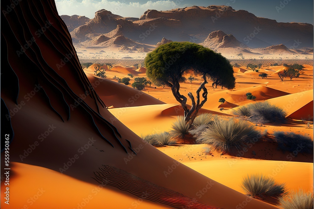 Poster a desert with a tree in the middle of it and mountains in the background with a sky background that 