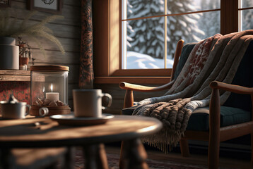 Interior room with empty chair, blanket and coffee on table with lighted candle, natural light coming in through window, snow outside, generative AI