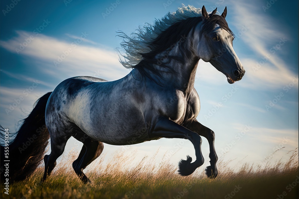 Poster a horse is running in a field with tall grass and a blue sky in the background with clouds in the sk