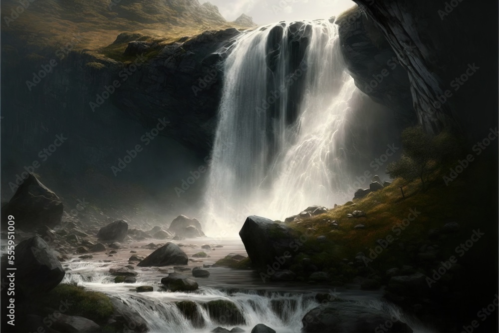 Poster a waterfall with a cave in the middle of it and a stream running through it. generative ai
