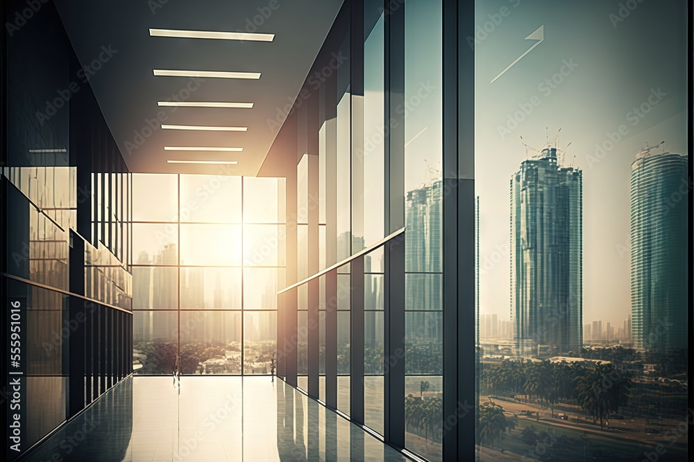 Poster a hallway with a view of a city outside of it and a sun shining through the windows on the other sid