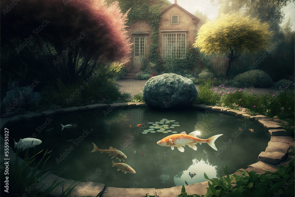 Poster a painting of a pond with a goldfish in it and a house in the background with a window. generative a