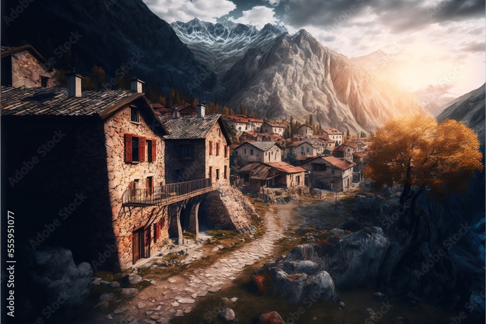 Poster a painting of a village in the mountains with a mountain in the background and a river running throu