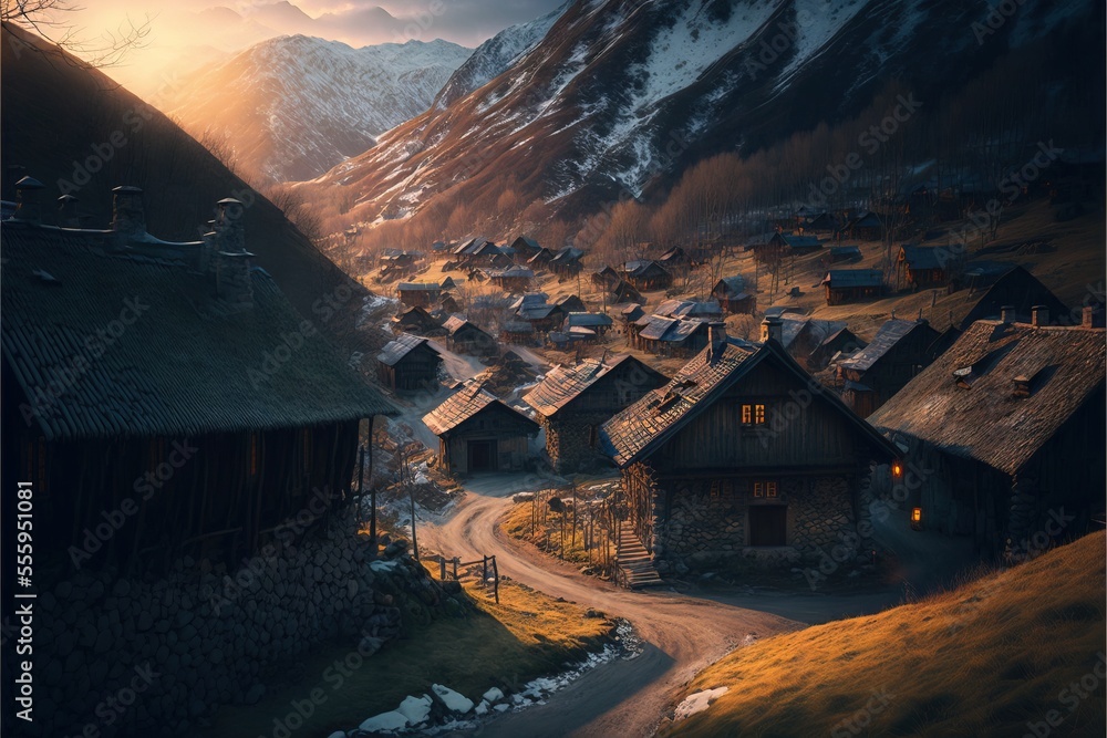 Poster a village with a mountain in the background at sunset or dawn with a road running through it and a f