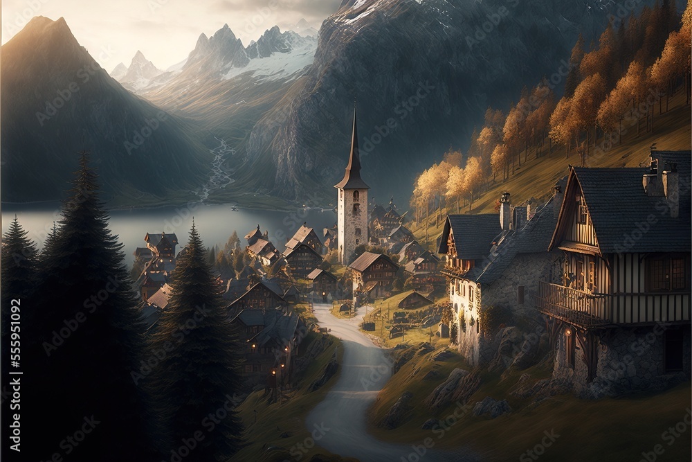 Poster a painting of a village in the mountains with a lake and a mountain range in the background with a r
