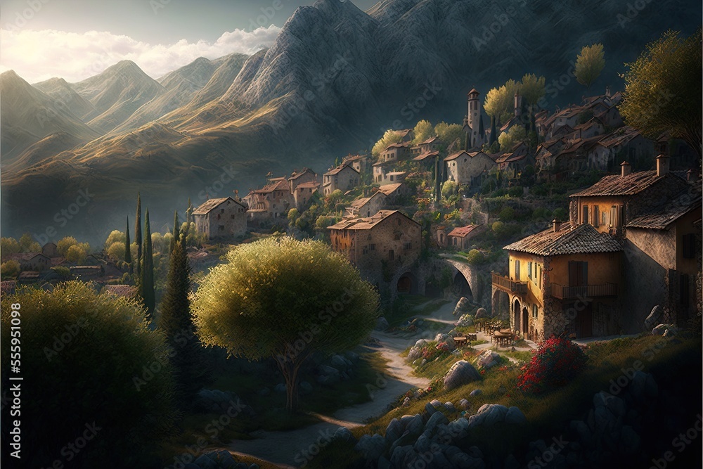 Poster a painting of a village in the mountains with a mountain in the background and a tree in the foregro