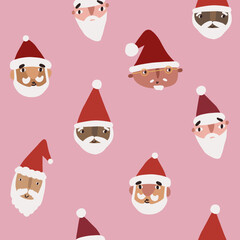 Cute seamless pattern with Santa Claus faces of different nationalities and skin colors on pink background.Pattern with cartoon Santa Claus for Merry Christmas and Happy New Year design.