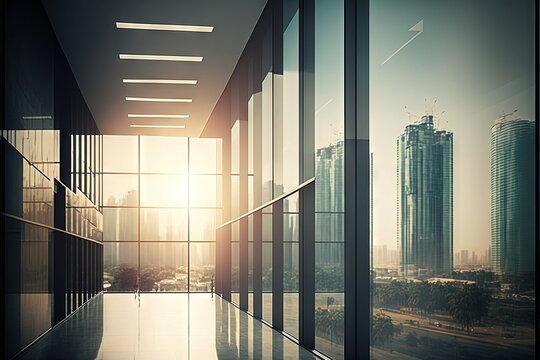  a hallway with a view of a city outside of it and a sun shining through the windows on the other side. Generative AI