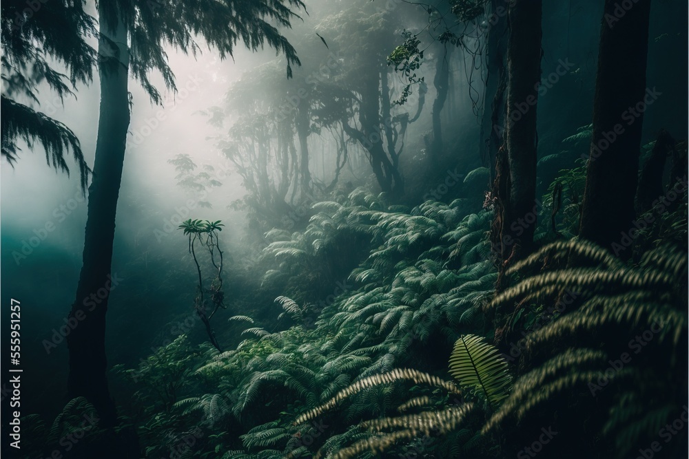 Poster a forest filled with lots of tall trees and ferns covered in fog and mistgy weather with lots of gre