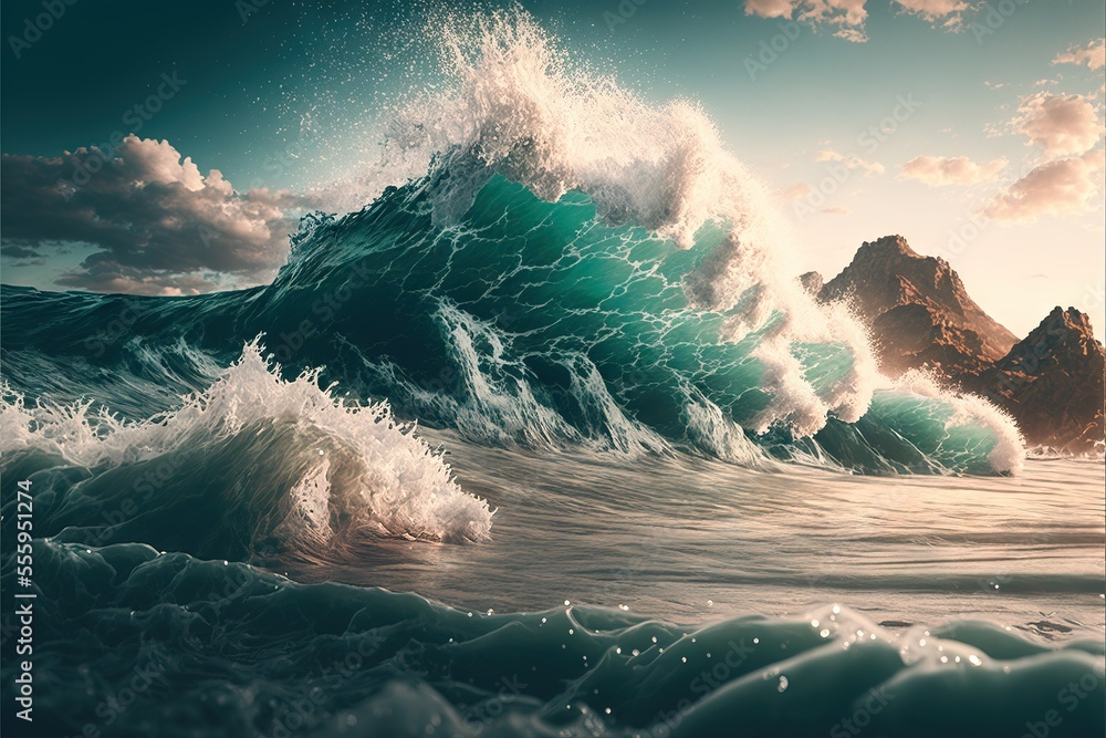 Aufkleber a painting of a wave crashing over a mountain range in the ocean with a sun setting behind it and a 