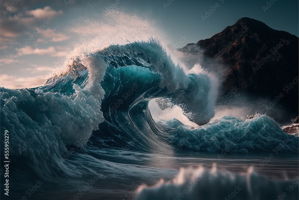 Poster a large wave crashing into the shore of a beach at night time with a mountain in the background and 