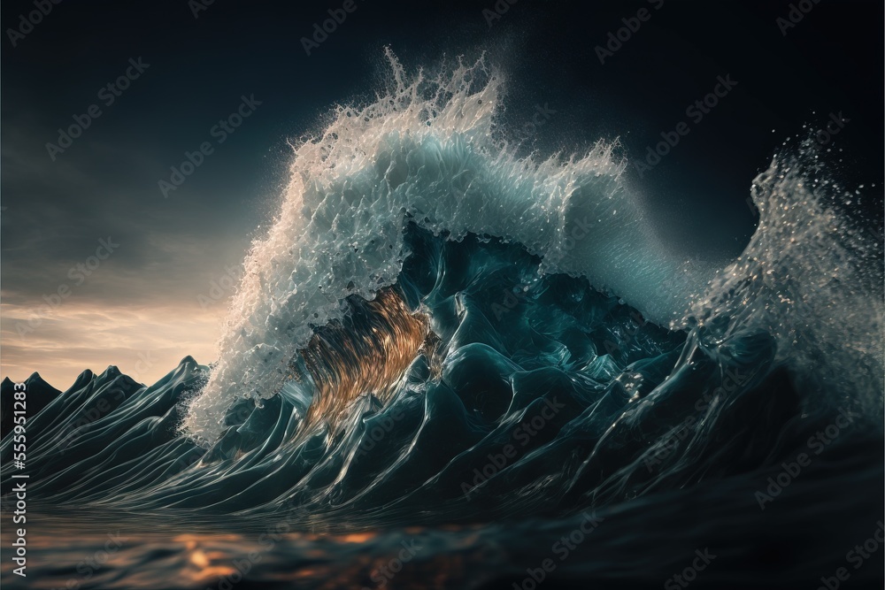 Poster a large wave is breaking over a mountain range in the ocean at night time with a dramatic sky and cl
