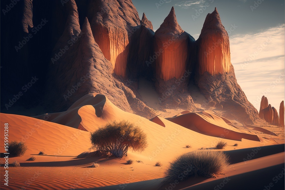 Poster a desert scene with a tree and mountains in the background. generative ai