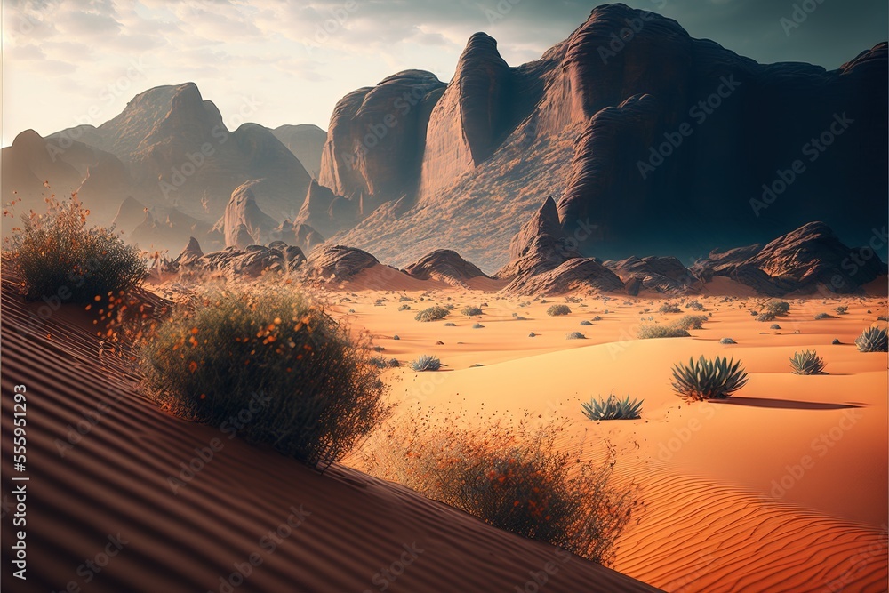 Poster a desert with a few bushes and rocks in the background and a mountain range in the distance with a f