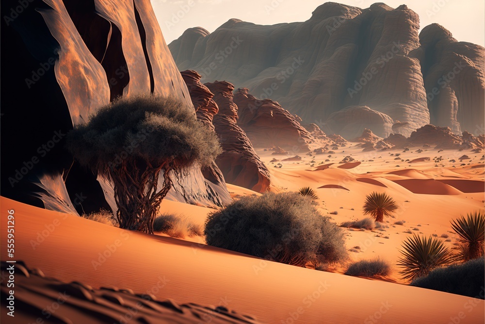 Poster a desert with a mountain in the background and a desert landscape with a few trees and bushes in the