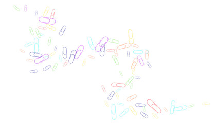 Paper clips are scattered on a white background. Decorative element. Background for design, school and office supplies