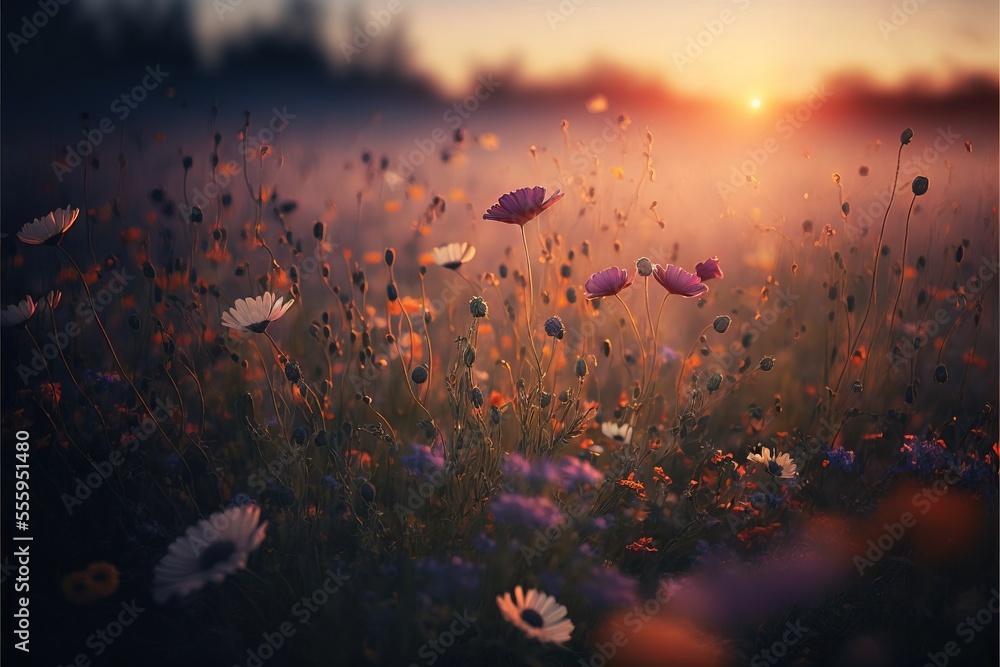 Poster a field of flowers with the sun setting in the background and a field of wildflowers in the foregrou