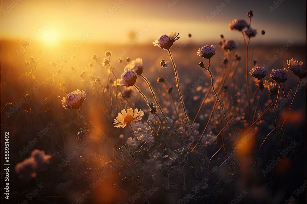 Poster a field of flowers with the sun setting in the background and a field of flowers in the foreground. 