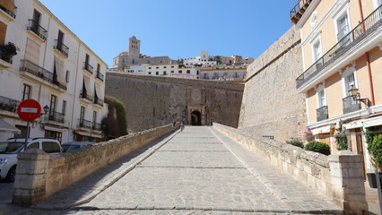 Fototapeta na wymiar Portal de Ses Taules y Catedral de la Virgen de las Nieves o de Ibiza, Dalt Vila, Ibiza, Islas Baleares, España