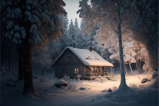  a cabin in the woods is lit up by a light on the roof of the cabin and the snow is covering the ground. Generative AI