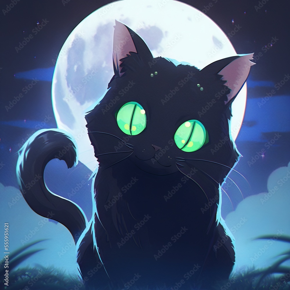 Aufkleber a black cat with glowing green eyes sitting in front of a full moon with the moon behind it and gras
