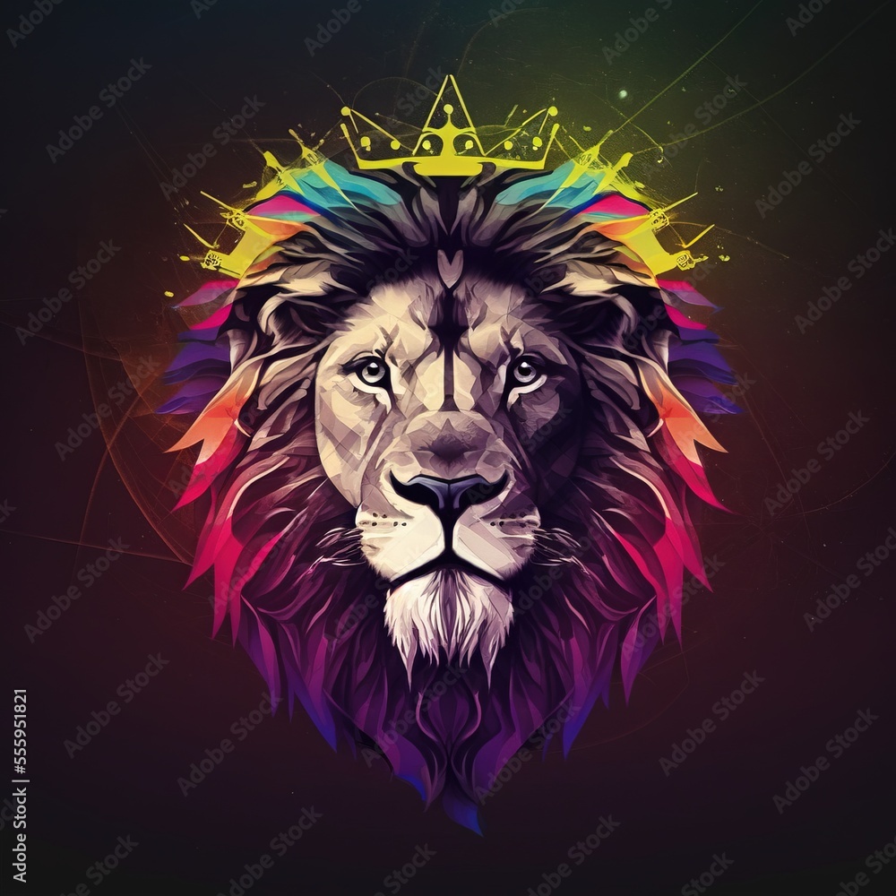 Poster a lion with a crown on its head and a colorful background with a pattern of lines and shapes around 