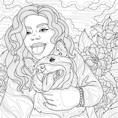 Girl with dog with tongue hanging out.Coloring book antistress for children and adults. Illustration isolated on white background.Zen-tangle style. Hand draw