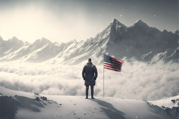 Man standing on winter mountain landscape with American flag 