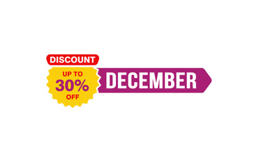 30 Percent december discount offer, clearance, promotion banner layout with sticker style. 