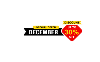 30 Percent december discount offer, clearance, promotion banner layout with sticker style. 