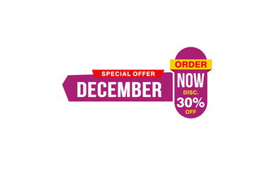 30 Percent december discount offer, clearance, promotion banner layout with sticker style. 