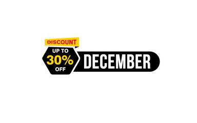 30 Percent december discount offer, clearance, promotion banner layout with sticker style. 