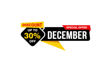 30 Percent december discount offer, clearance, promotion banner layout with sticker style. 