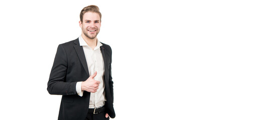 Executive approval. Happy manager give thumbs up. Approval hand gesture. Man face portrait, banner with copy space. Business man in suit, isolated studio background.