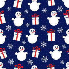 Snowman. Seamless vector pattern with stylized snowmen and gift boxes. Winter pattern - 555953002