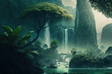 Tropical landscape with mist and waterfalls, art illustration
